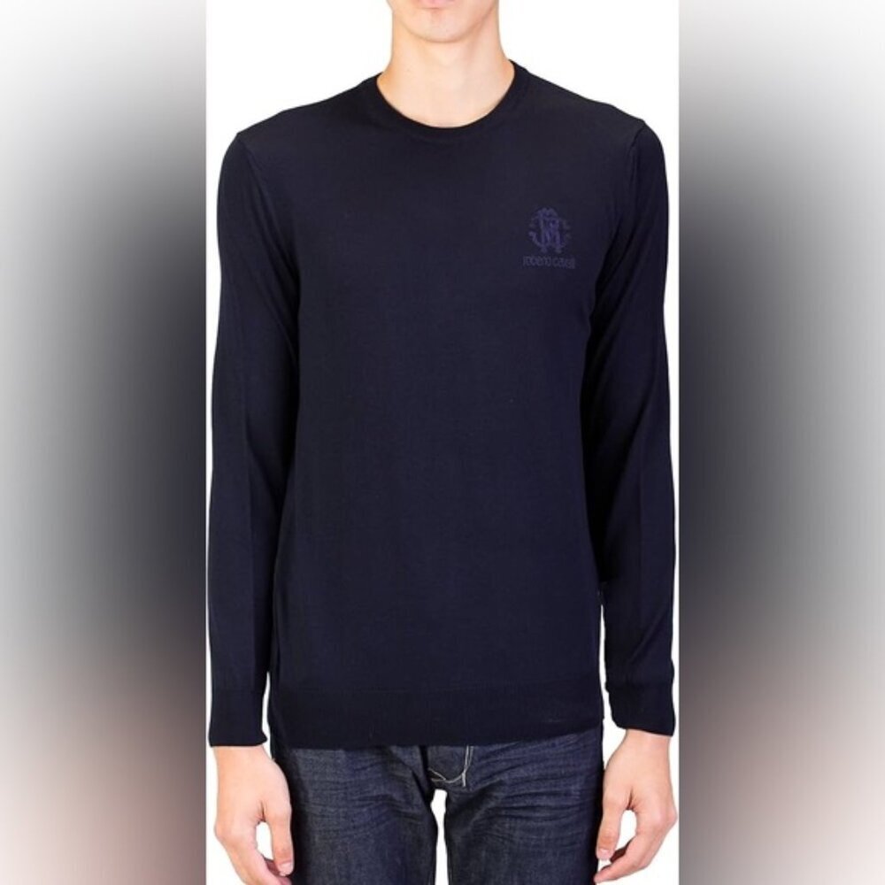 ROBERTO CAVALLI men’s merino wool crew neck pull over blue large euc